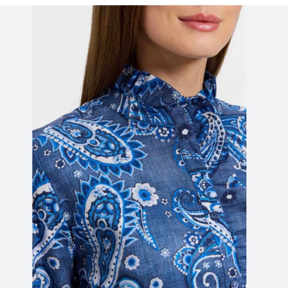 Foxcroft XS Sadie denim paisley rufffled collar blouse nwt - Picture 2 of 6